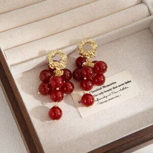 NEW Verona Ornate Deep Red Beaded Hammered Gold Statement Earrings